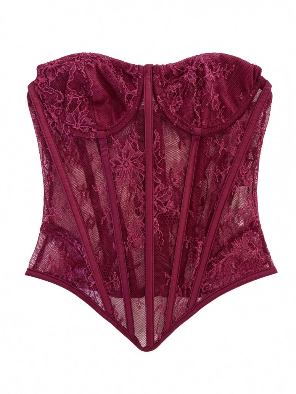 Burgundy Floral Lace Corset Bustier Top Size S Boned Sheer Zip